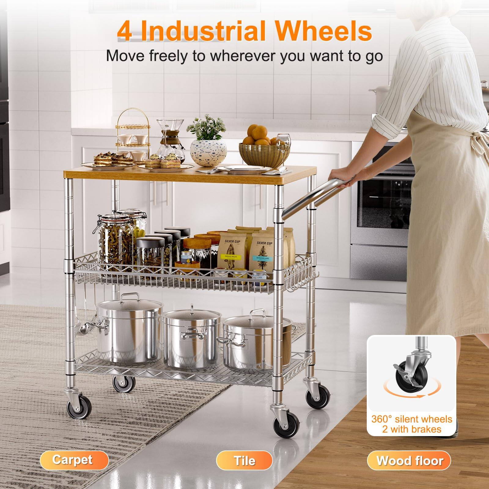 4 Industrial Wheels  
Move freely to wherever you want to go  

360° silent wheels 2 with brakes  

Carpet  
Tile  
Wood floor