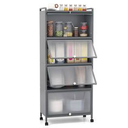 Costway - 5-Tier Kitchen Baker's Rack Storage Cabinet Mobile Microwave Stand Flip-up Doors Grey - Gray