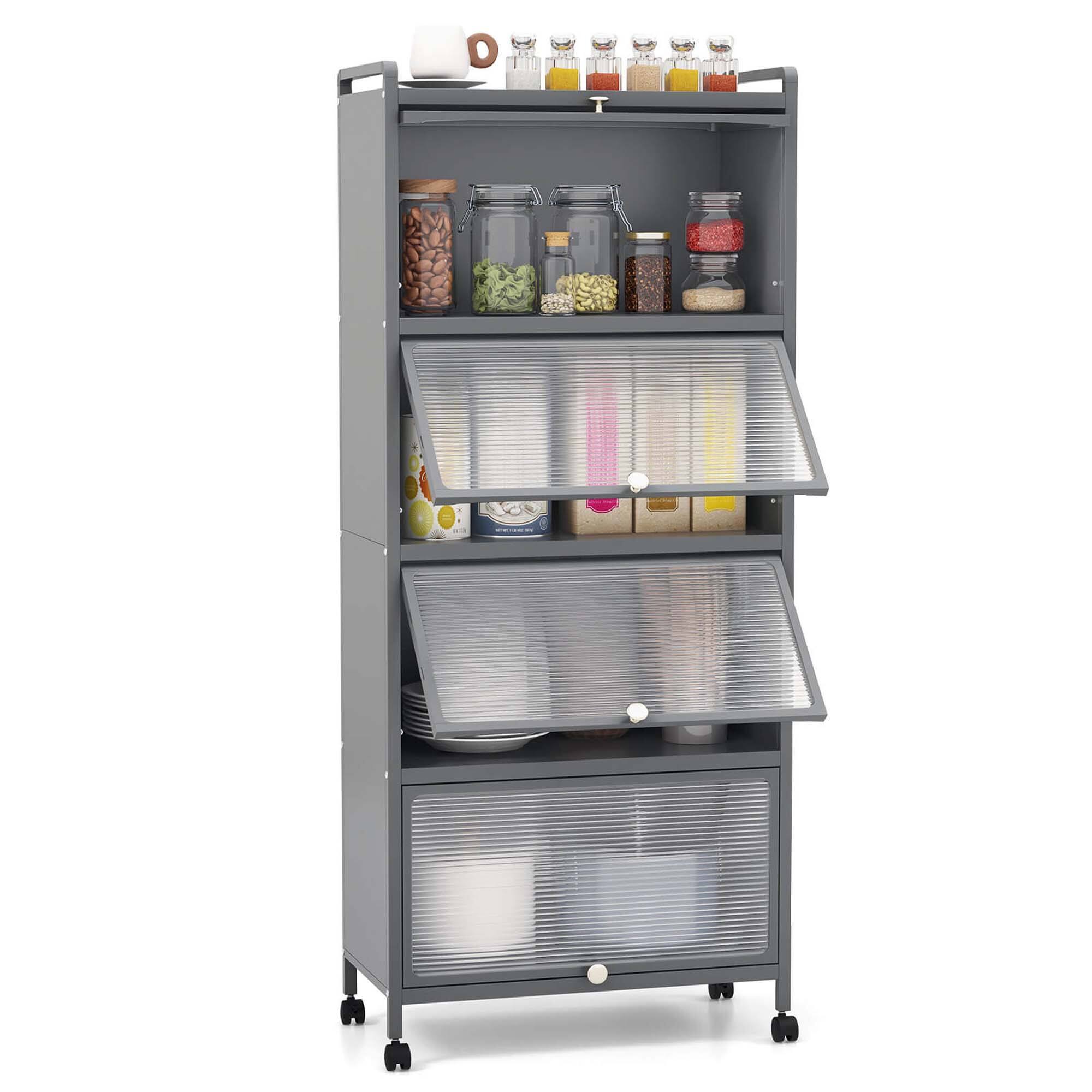 Front. Costway - Costway 5-Tier Kitchen Baker's Rack Storage Cabinet Mobile Microwave Stand Flip-up Doors Grey - Grey.
