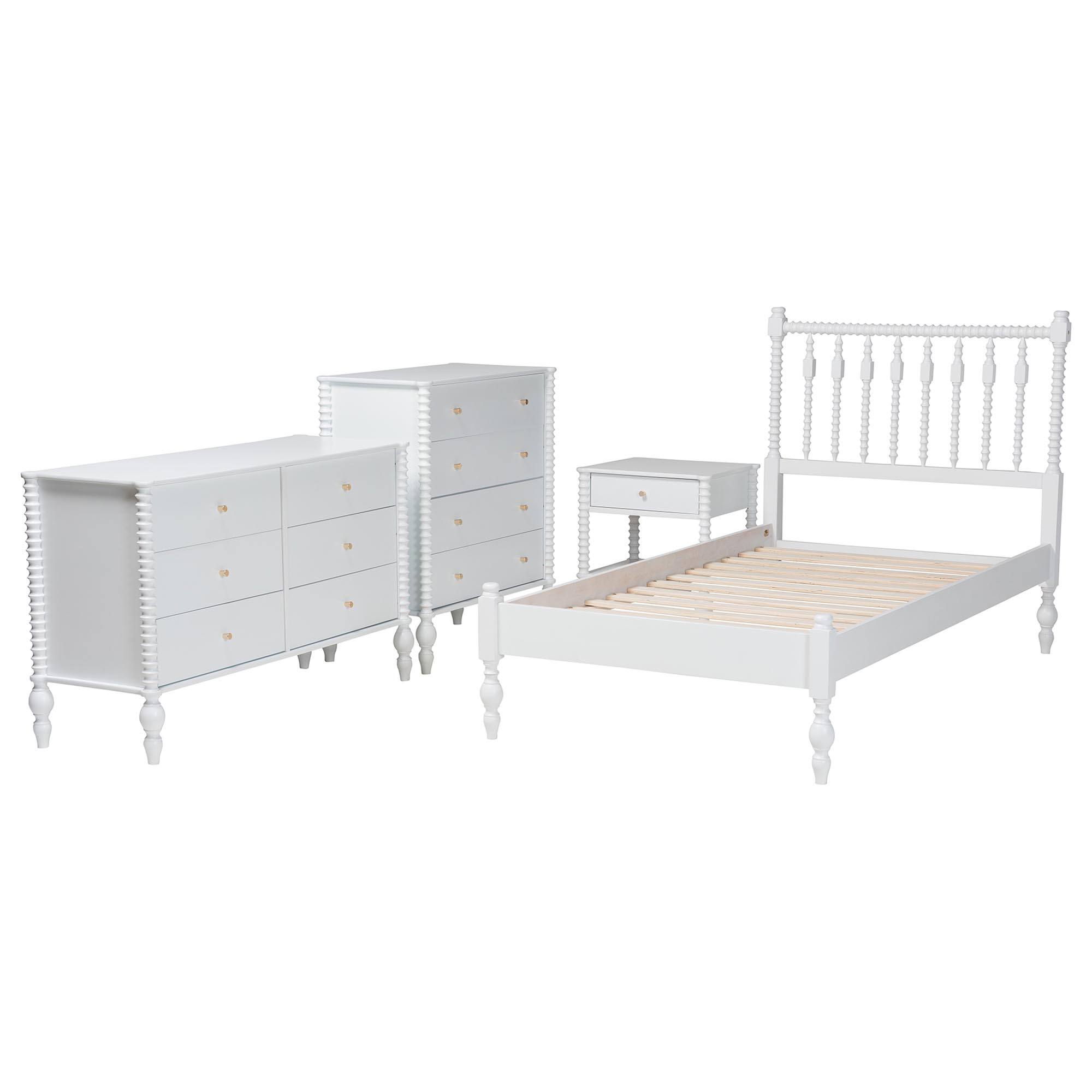 Angle. Baxton Studio - Denita Spindle 4-Piece Bedroom Set - Farmhouse Platform Bed with Matching Dresser, Chest, and 1-Drawer Nightstand, Twin - White.