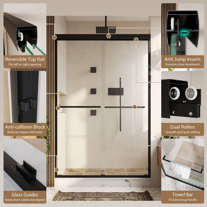 Reversible Top Rail  
Fits left or right opening  

Anti Jump Inserts  
Prevents door derailment  

Anti-collision Block  
Reduces impact and noise  

Glass Guides  
Keeps doors stable and aligned  

Dual Rollers  
Smooth and quiet sliding  

Towel Bar  
SS Extra-long Handle