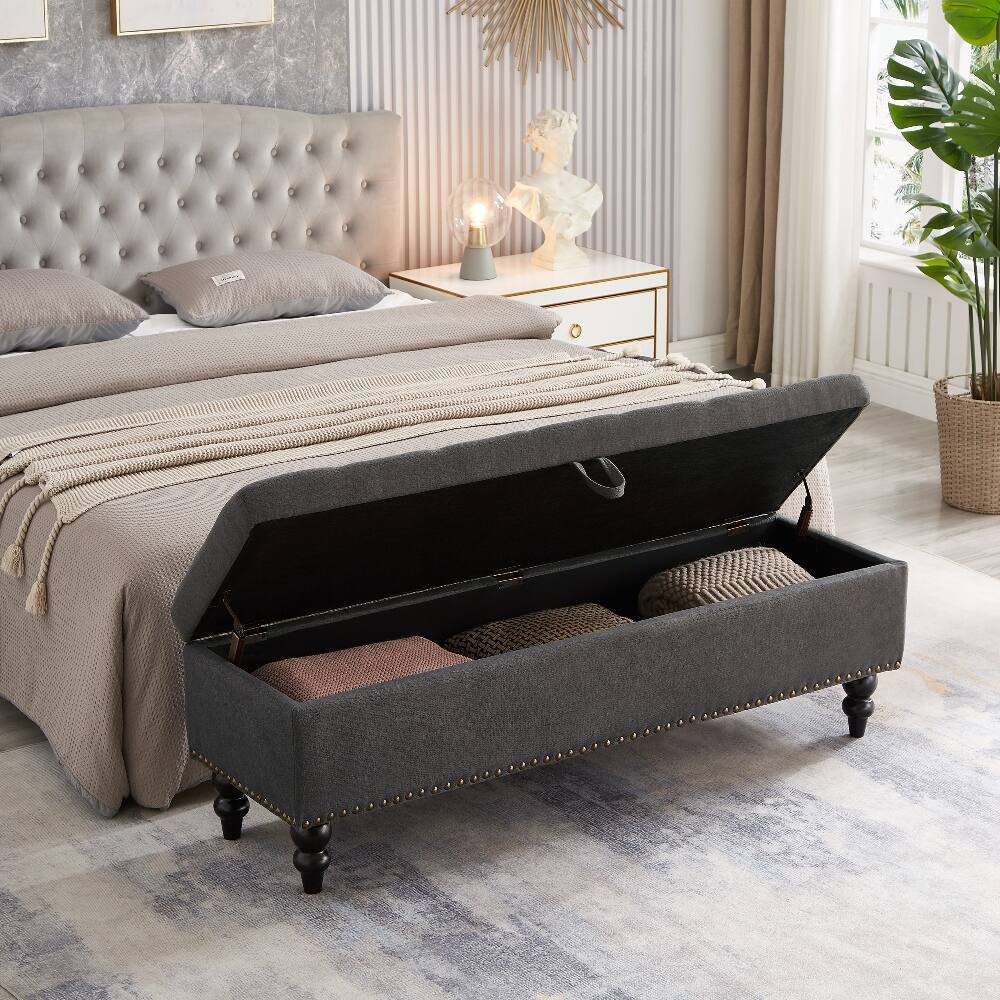 Left. Ropilly - Ropilly Grey Fabric Storage Bench Tufted End of Bed Ottoman with Wooden Legs Heavy Duty Shoe Bench for Bedroom Hallway - Grey.