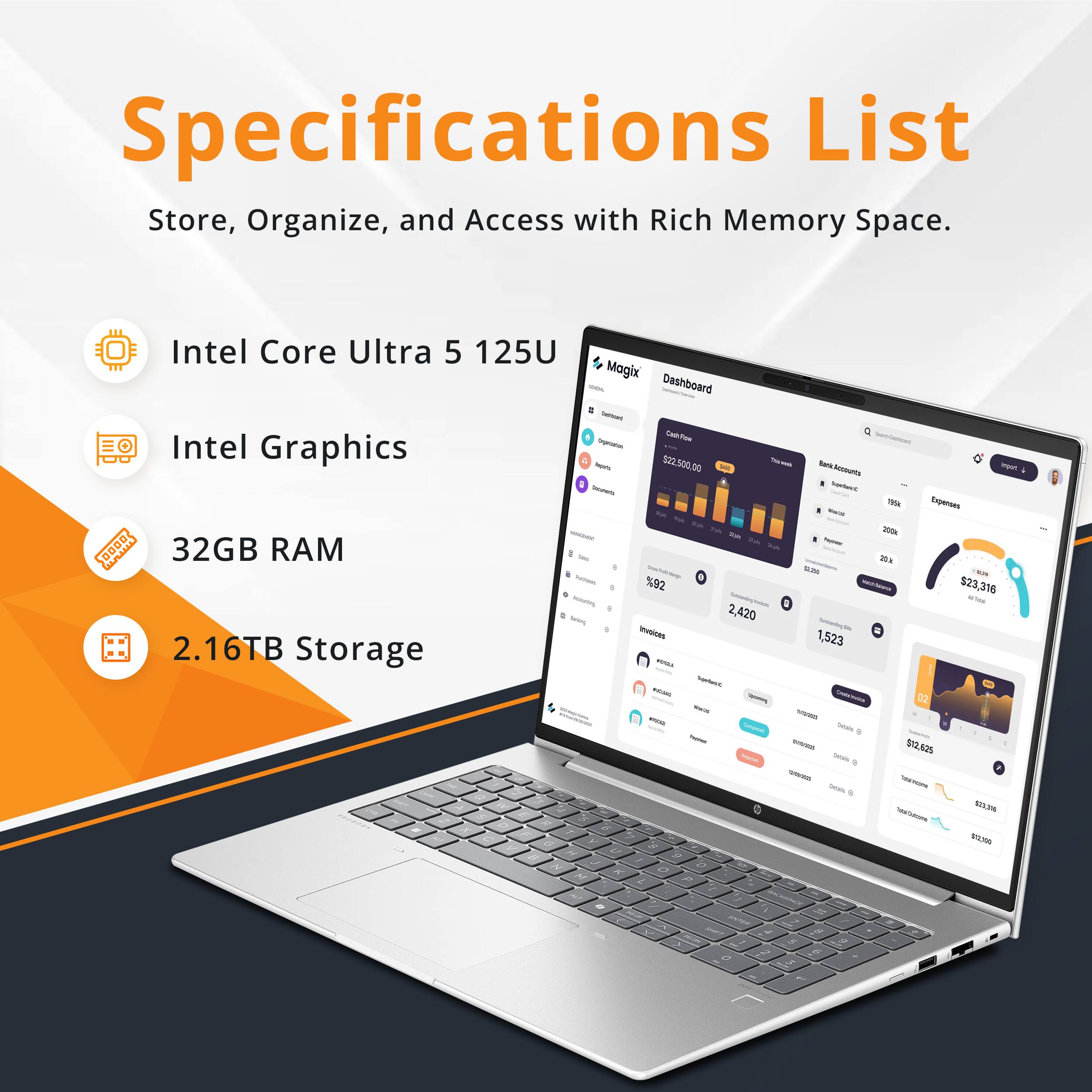 Specifications List  
Store, Organize, and Access with Rich Memory Space.

- Intel Core Ultra 5 125U
- Intel Graphics
- 32GB RAM
- 2.16TB Storage