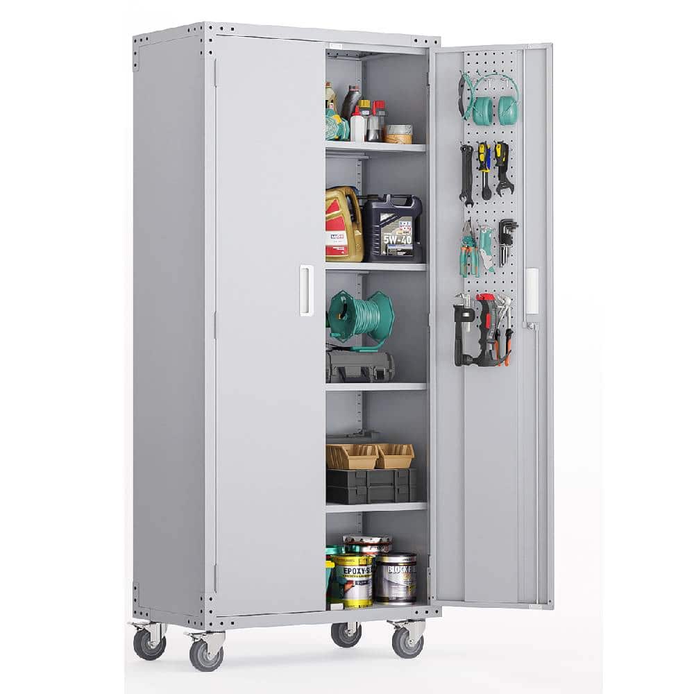 Winado - 72" Tall Garage Storage Cabinet, Metal Storage Cabinet with Pegboards & Wheels - Gray