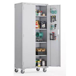 Winado - 72" Tall Garage Storage Cabinet, Metal Storage Cabinet with Pegboards & Wheels - Gray