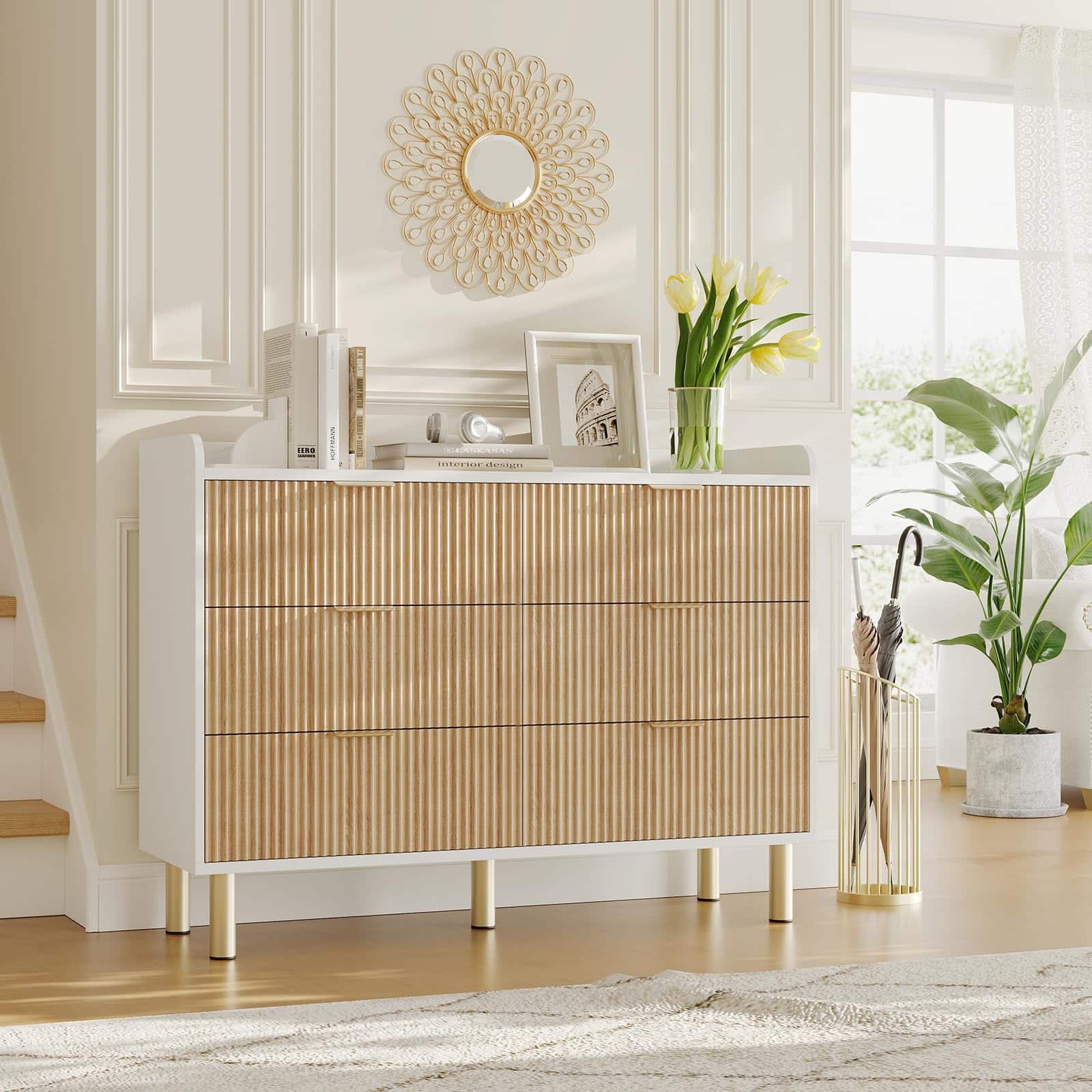 Jojoka - 47.2" Fluted Wood Double Dresser with Metal Handles Curved Design Wide Storage Organizer Cabinet - Brown