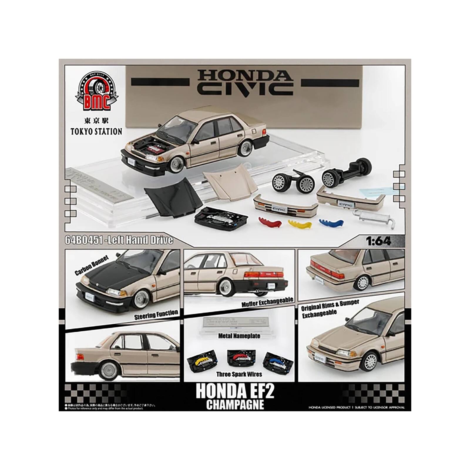 BMC TOKYO STATION HONDA CIVIC G4B0451 Left Hand Drive Bonnet Carbon 1:64 Steering Function Muffler Exchangeable Rims & Bumper Original Exchangeable Metal Nameplate Three Spark Wires HONDA EF2 CHAMPAGNE