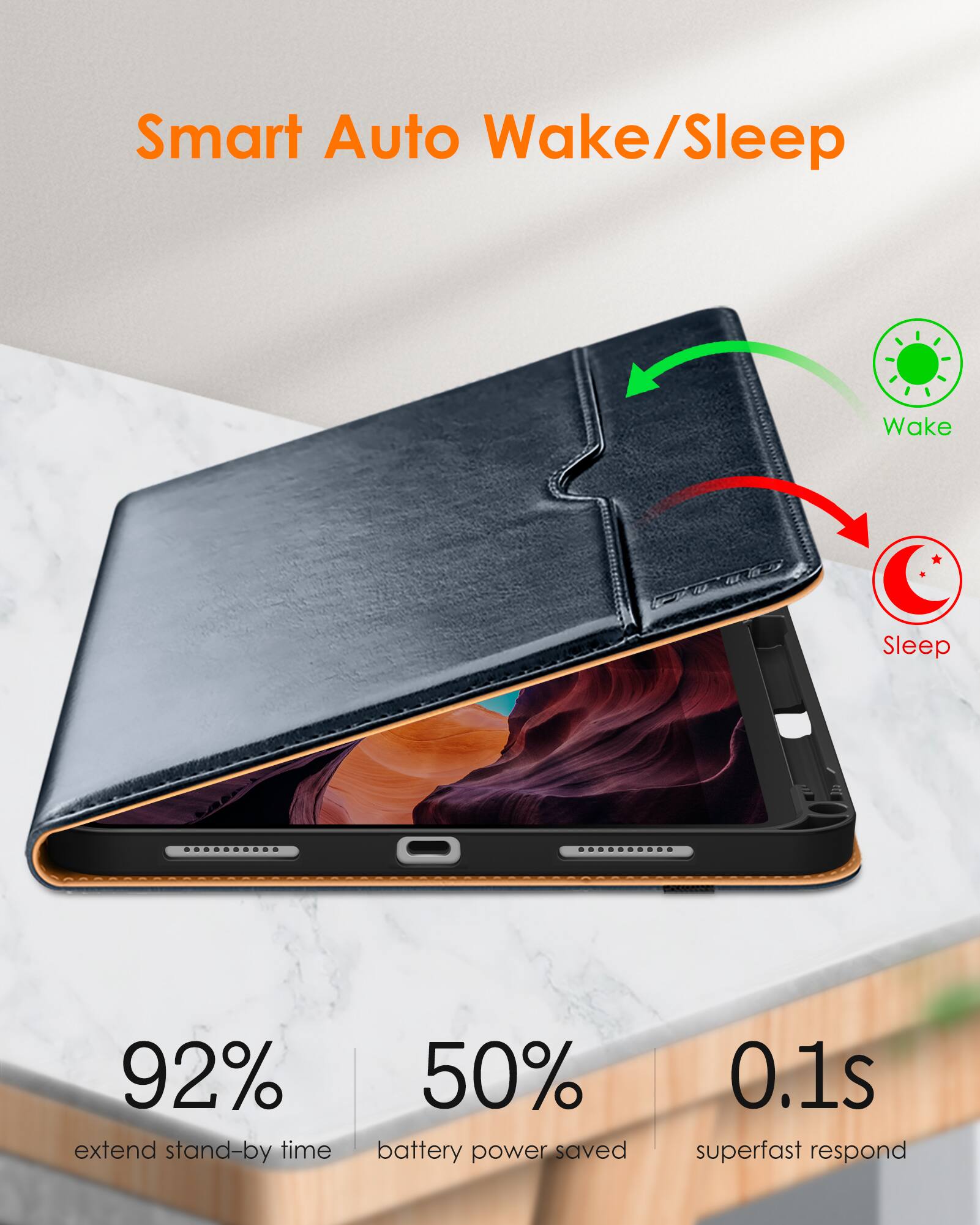 Smart Auto Wake/Sleep

- 92% extend stand-by time
- 50% battery power saved
- 0.1s superfast respond

Wake
Sleep