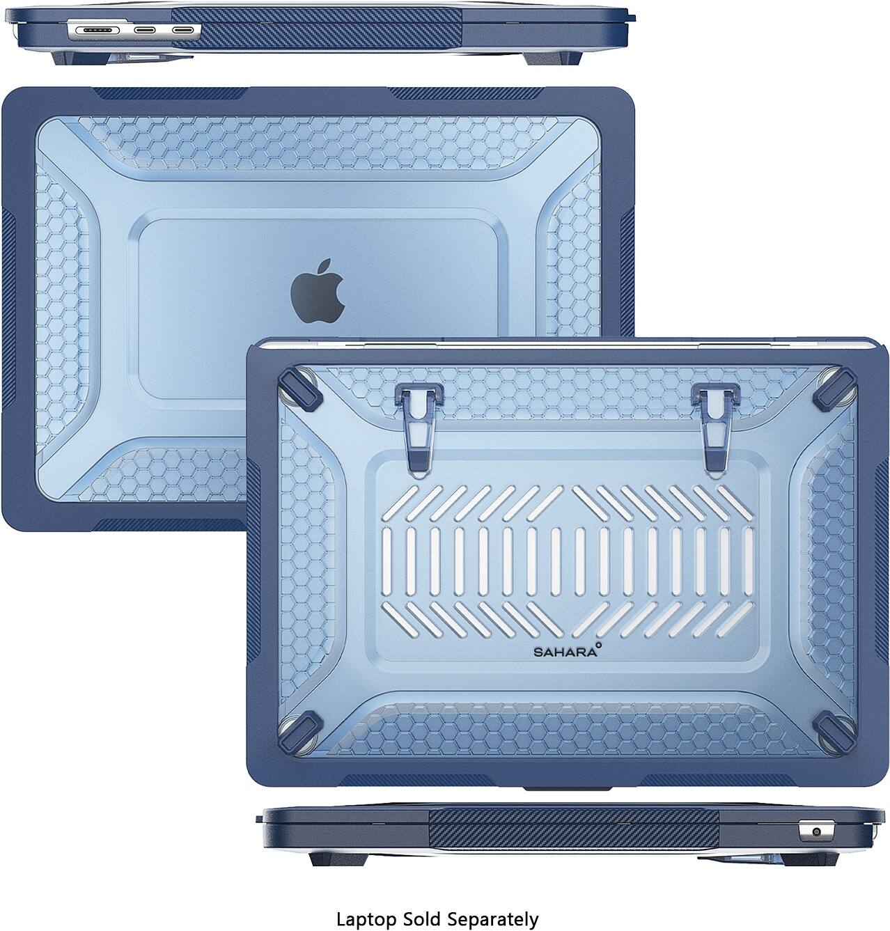 The image features a blue laptop computer with a matching blue case. The laptop is shown in two different positions, one with the case closed and the other with the case open. The case is designed to protect the laptop and is sold separately.