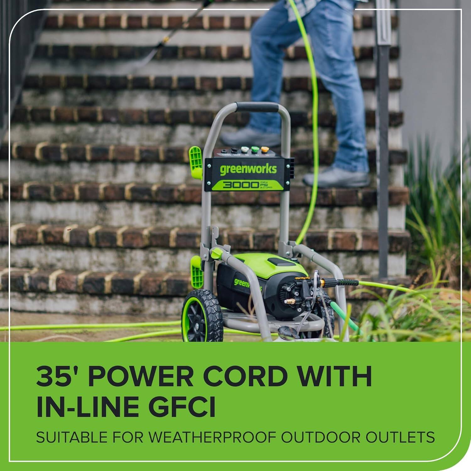 greenworks 3000 35' POWER CORD WITH IN-LINE GFCI SUITABLE FOR WEATHERPROOF OUTDOOR OUTLETS