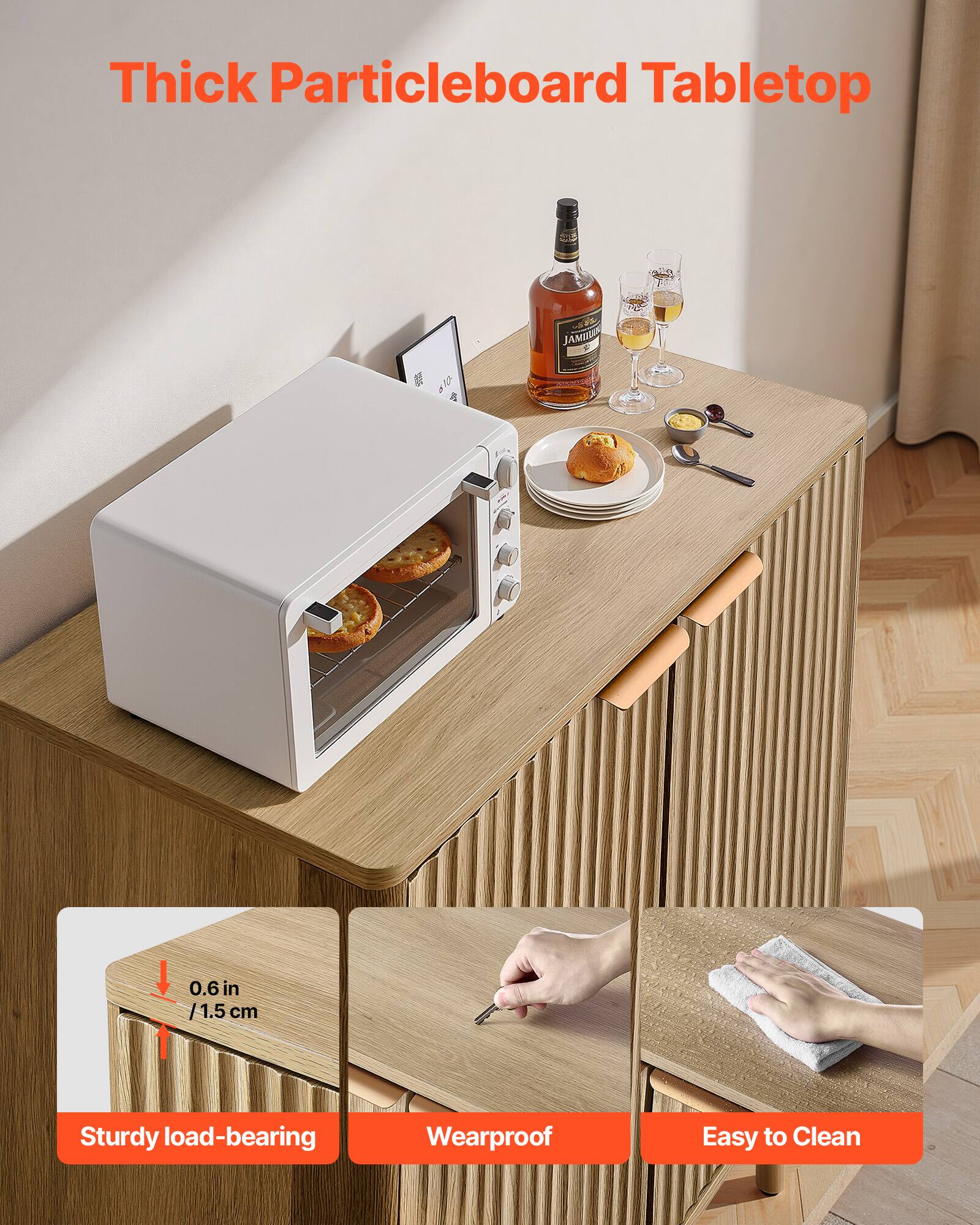 Thick Particleboard Tabletop

0.6 in / 1.5 cm

Sturdy load-bearing

Wearproof

Easy to Clean