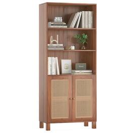 GOODSILO - Five-Tier Tall Bookcase with Decorative Rattan Doors for Living Room Bedroom or Home Office Storage - Natural