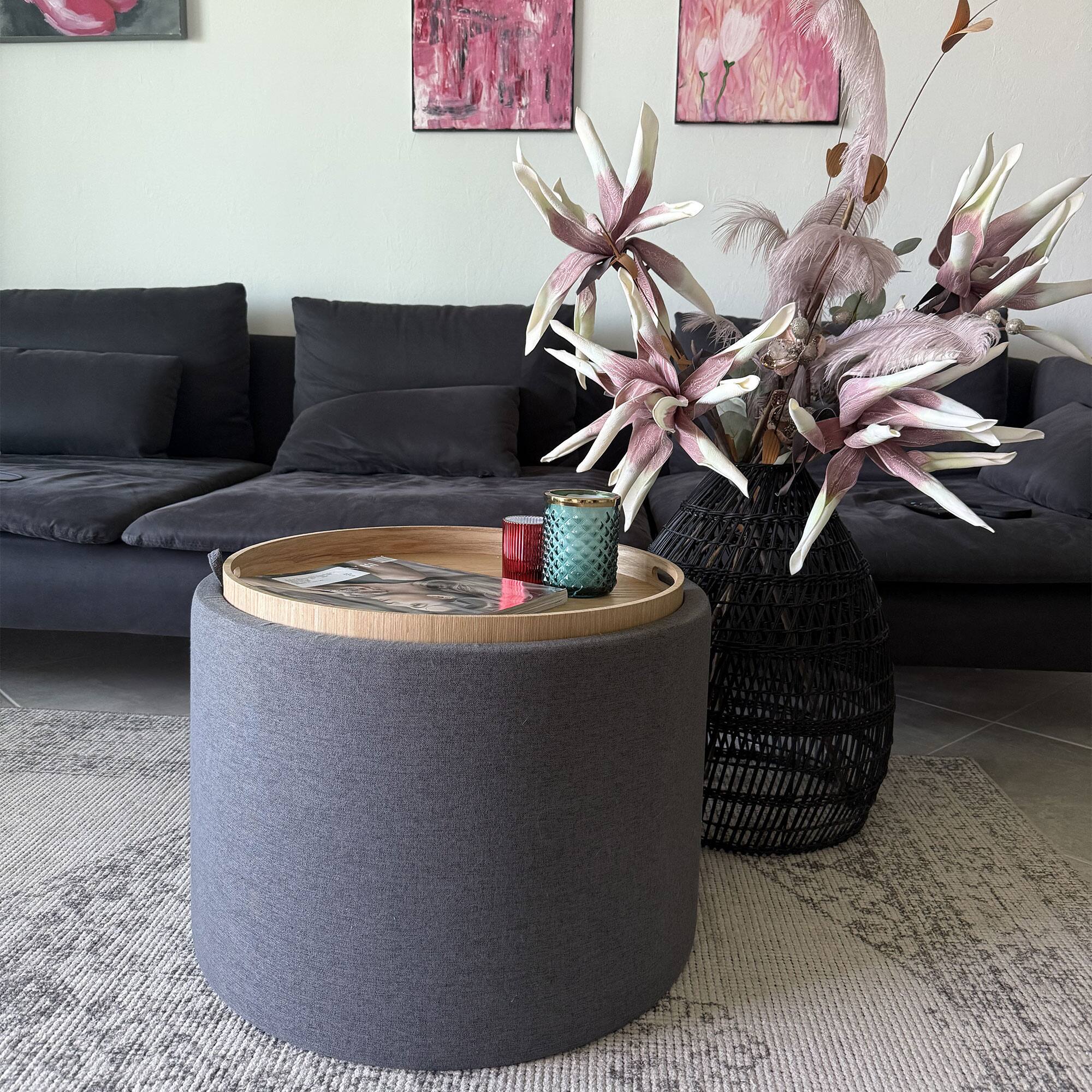 Alt View 9. Homcom - Storage Ottoman with Flip Top Tray, Upholstered Fabric Foot Stool, Coffee Table with Hidden Compartment for Living Room - Dark Grey.