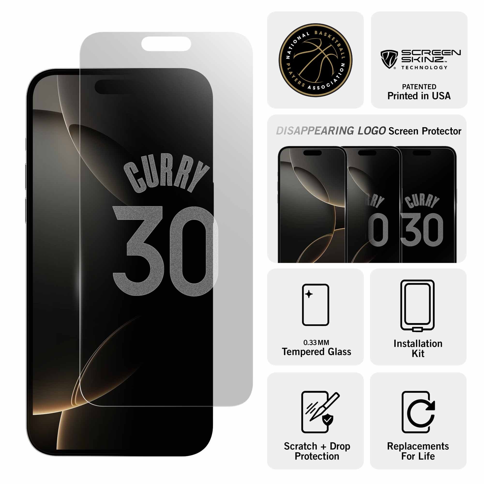 NATIONAL BASKETBALL PLAYERS ASSOCIATION SCREEN SKINZ. TECHNOLOGY PATENTED Printed in USA CURRY 30 DISAPPEARING LOGO Screen Protector RY CURRY 0 30 0.33MM Installation Tempered Glass Kit Scratch + Drop Protection C Replacements For Life
