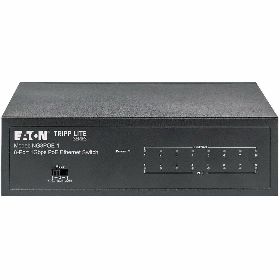 EATON TRIPP LITE SERIES  
Model: NG8POE-1  
8-Port 1Gbps PoE Ethernet Switch  

Power  
Link/Act  
1 2 3 4 5 6 7 8  
POE  

Mode  
1 - 2 - 3  
Normal VLAN1 VLAN2  

FLASI  
WLAN1 1 2 3 4  
POE 5 6 7 8