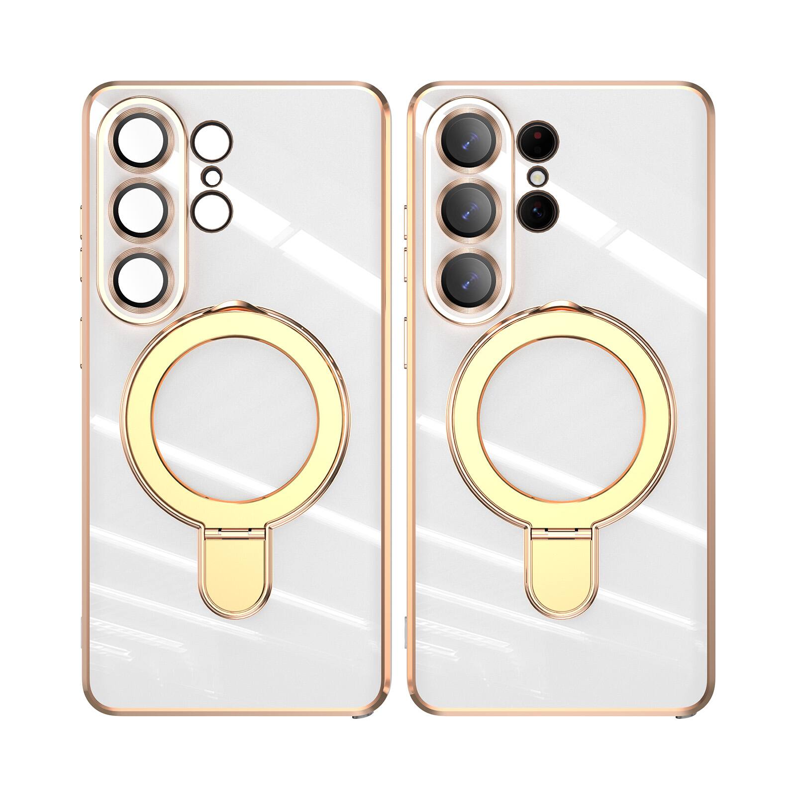Angle. Dteck - Mag Safe Case for Samsung Galaxy S26 Ultra,Slim Plated Bumper Shockproof TPU Case w/ Metal Stand + Tempered Lens Film - White.