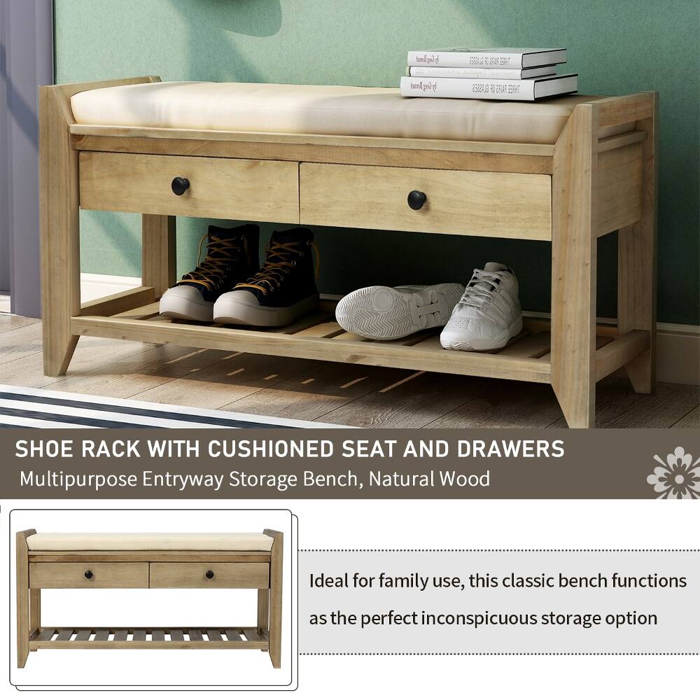 Ropilly Entryway Storage Bench with Cushioned Seat and Drawers, Wooden ...