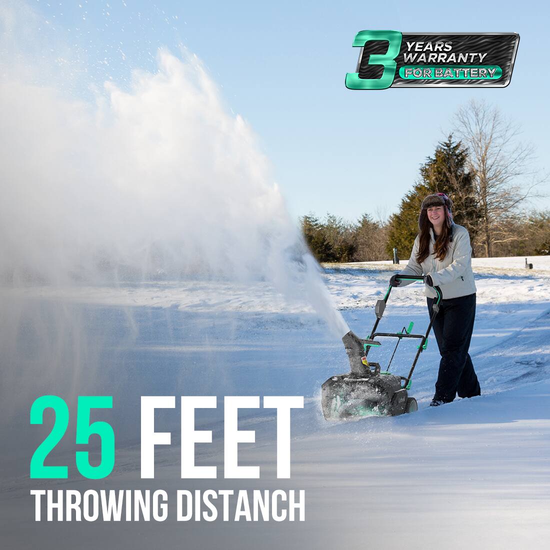YEARS 3 WARRANTY FOR BATTERY, 25 FEET THROWING DISTANCE