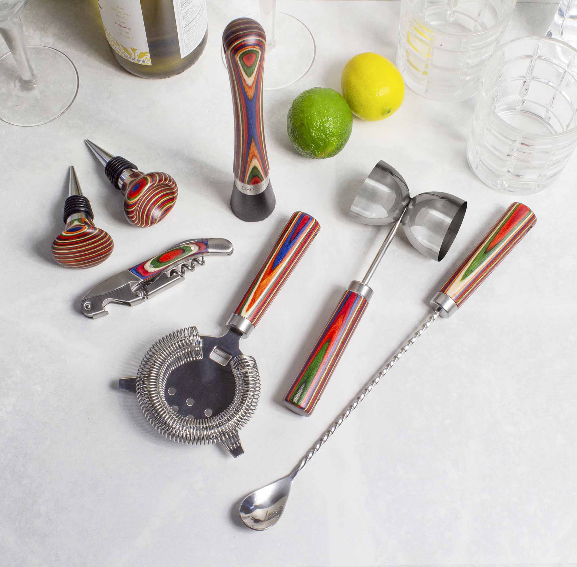 Angle. Baltique - Marrakesh Collection 7-Piece Bartending Kit - Red, Blue, Green, Orange.