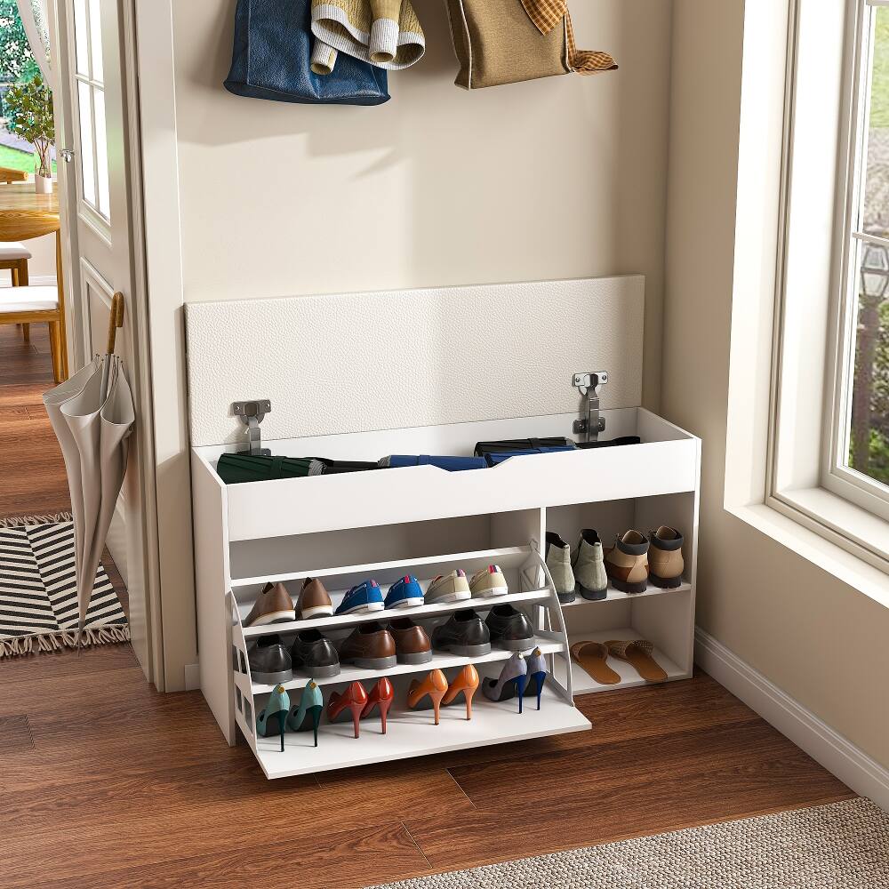 Back. Ropilly - Ropilly White Entryway Bench with Shoe Storage Hidden Cabinet Cushioned Seat Space Saving Organizer - White.