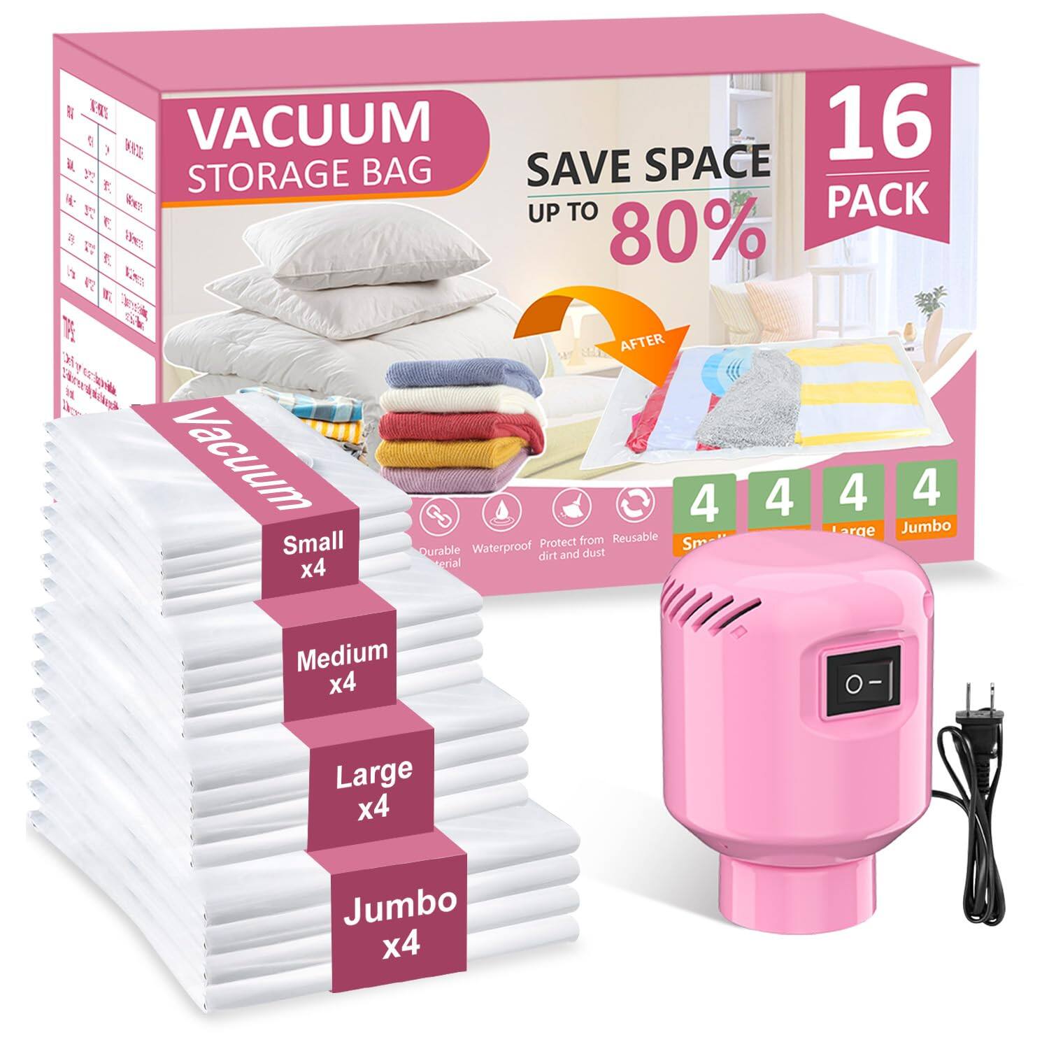 VACUUM STORAGE BAG

SAVE SPACE UP TO 80% AFTER

16 PACK

Small x4
Medium x4
Large x4
Jumbo x4

Durable Waterproof
Protect from dirt and dust
Reusable

Vacuum