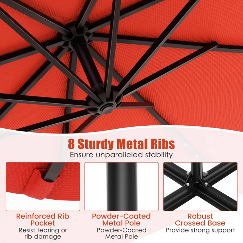 8 Sturdy Metal Ribs  
Ensure unparalleled stability  

Reinforced Rib Pocket  
Resist tearing or rib damage  

Powder-Coated Metal Pole  
Powder-Coated Metal Pole  

Robust Crossed Base  
Provide strong support