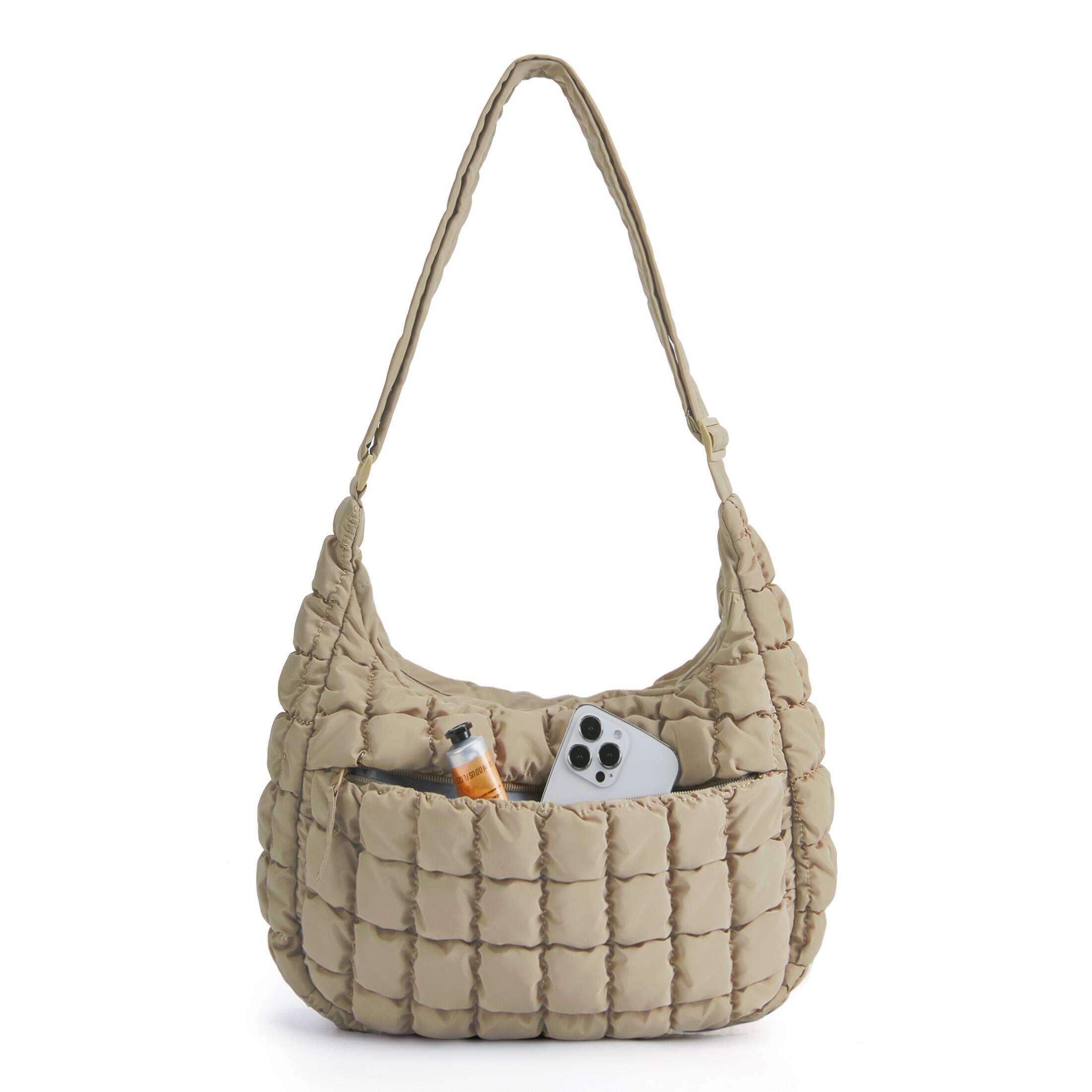Back. Bagsmart - Oversized Quilted Puffer Hobo Bag, Lightweight Crossbody with Adjustable Strap for Travel & Daily Use - Camel.