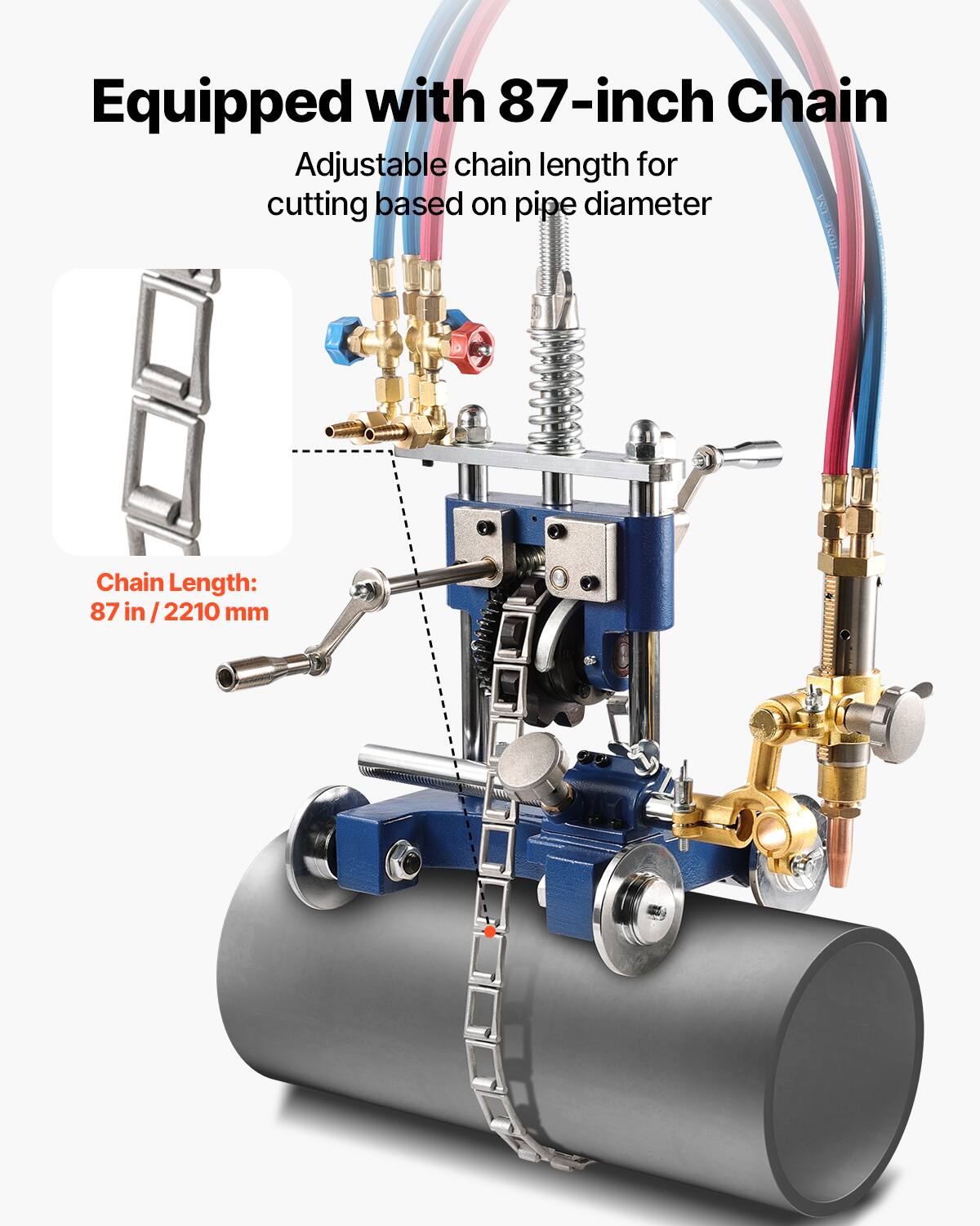 Equipped with 87-inch Chain

Adjustable chain length for cutting based on pipe diameter

Chain Length: 87 in / 2210 mm