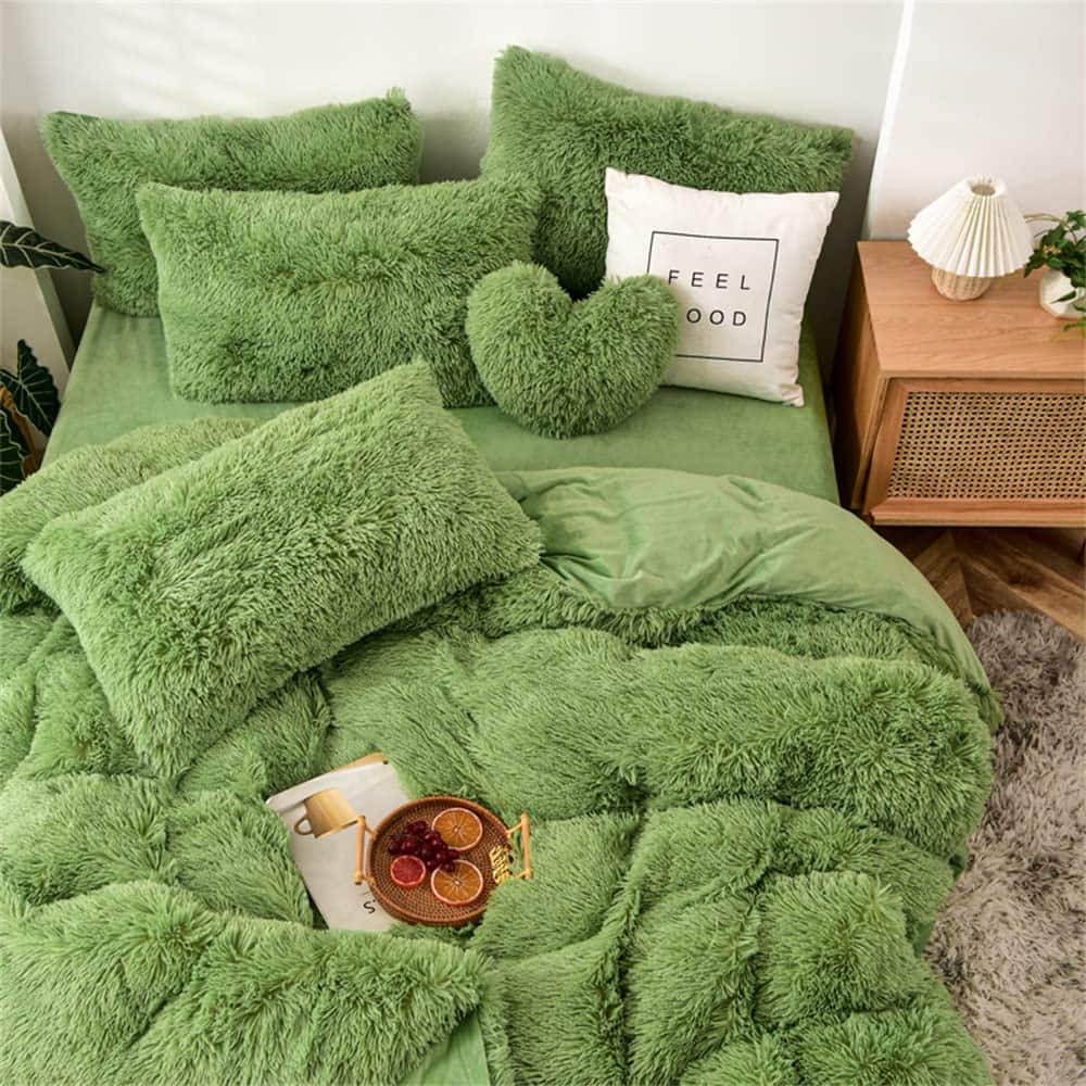 Paradigms Interiors - Shaggy Fluffy Duvet Cover Set Size Super Soft Faux Bedding 3 1duvet llowcases Luxurious Plush Comforter Wit - Green-Full-6pcs