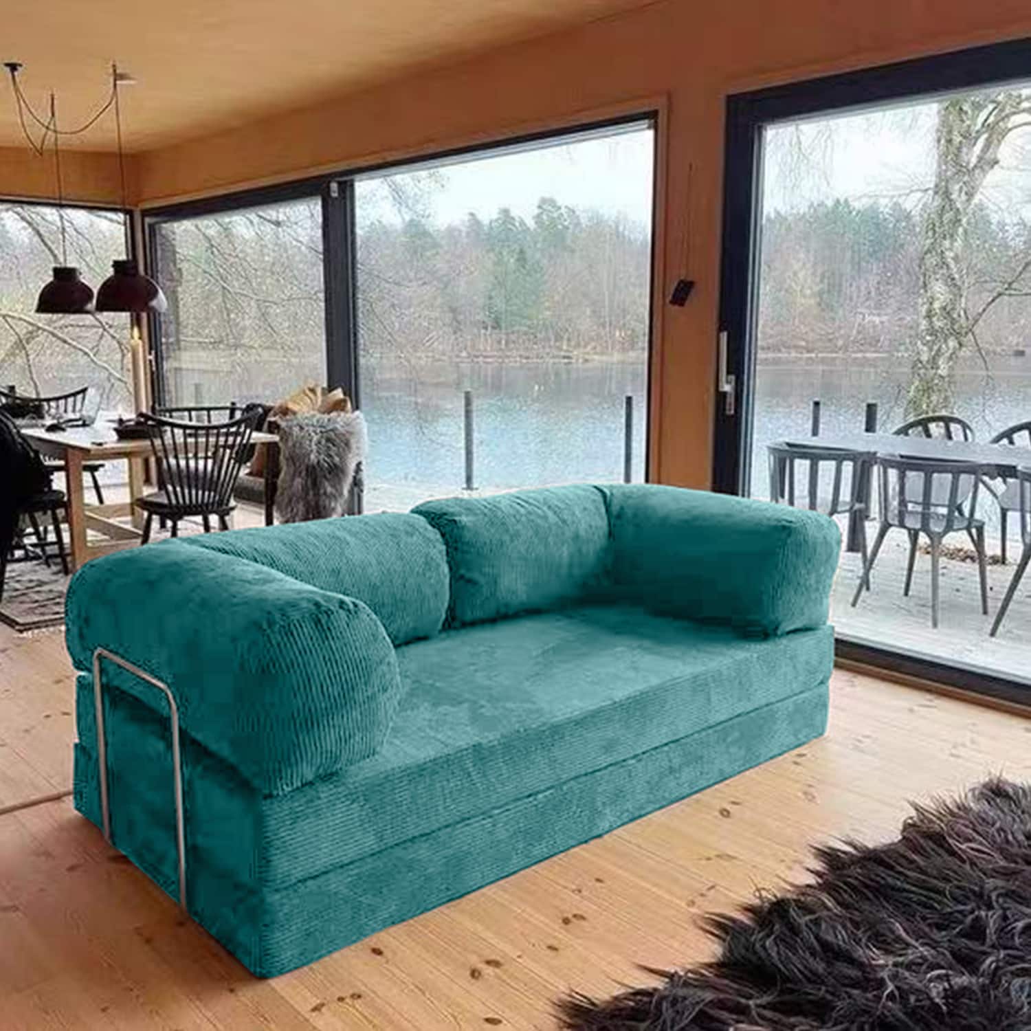 Front. KERDOM - 62'' Wide Corduroy Sleeper Sofa Bed, Convertible Loveseat Sofa With Pull-out Bed, Foldable Spliced Block Lounge Couch - Aqua Blue.
