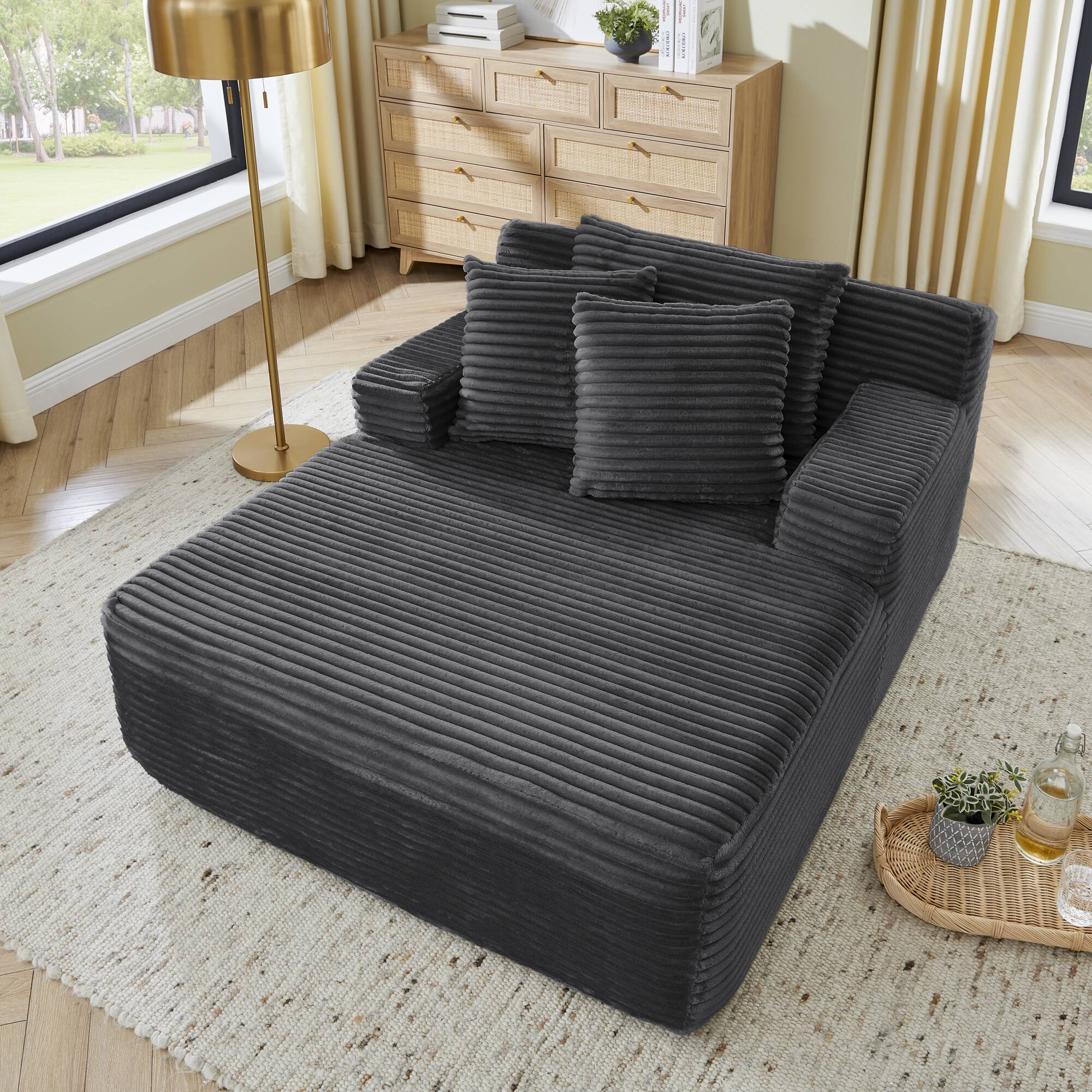 Left. Trinkets Crazed - 50" Corduroy Chaise Lounge Chair Indoor, Oversized Sleeper Chair Single Lazy Sofa Lounge Chair, Modern Reading Chair - Dark Gray.