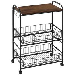 Homcom - 3 Tier Kitchen Cart with Storage, Rolling Kitchen Island Cart with 2 Sliding Fruit Basket and Side Hooks for Dining Room - Rustic Brown