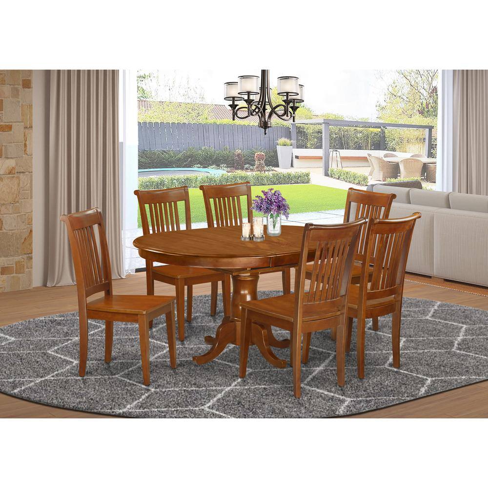 Back. East West Furniture - 7 Pc Dining room set for 6-Oval Dining Table with Leaf and 6 Dining Chairs - Saddle Brown.