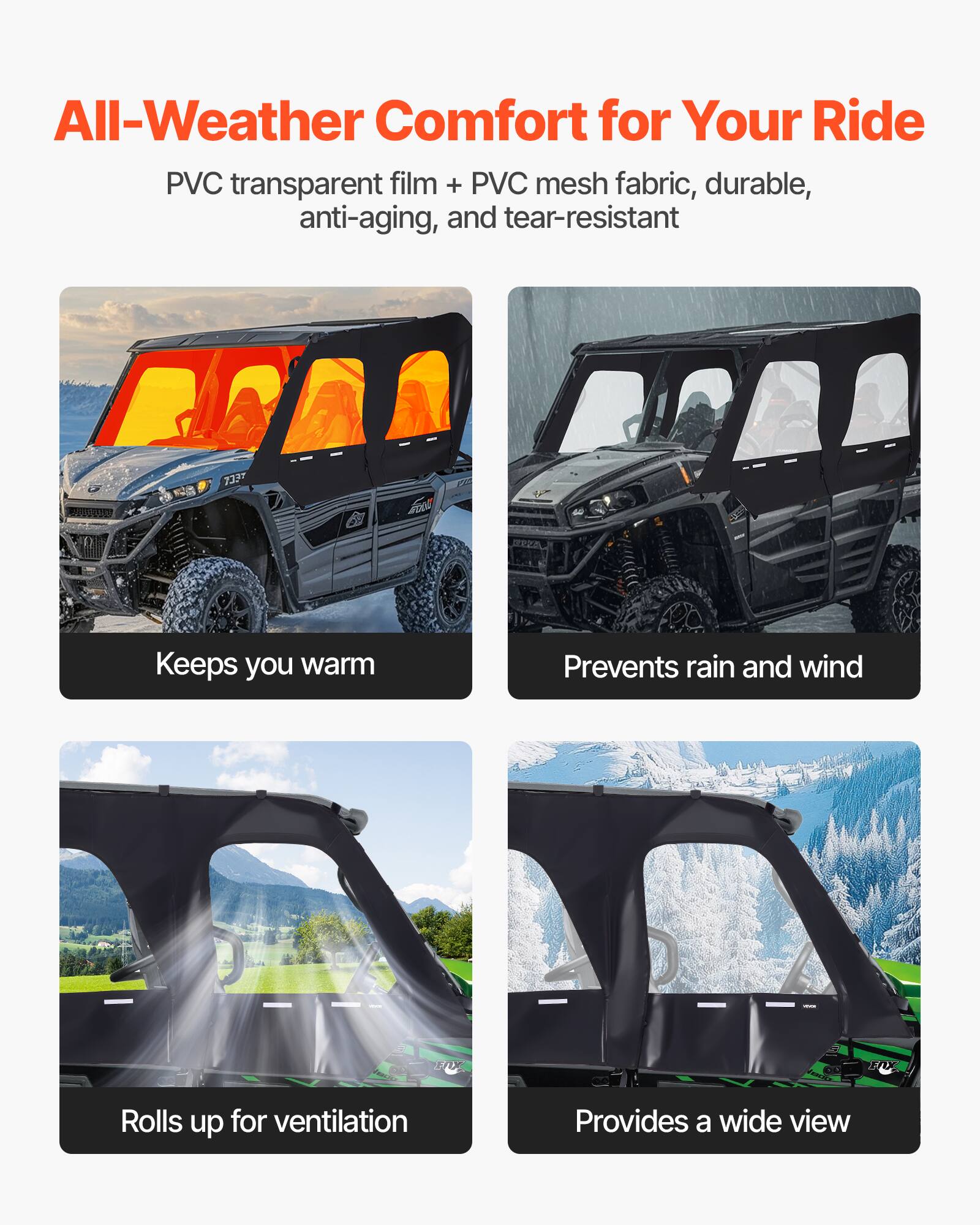 All-Weather Comfort for Your Ride

PVC transparent film + PVC mesh fabric, durable, anti-aging, and tear-resistant

- Keeps you warm
- Prevents rain and wind
- Rolls up for ventilation
- Provides a wide view