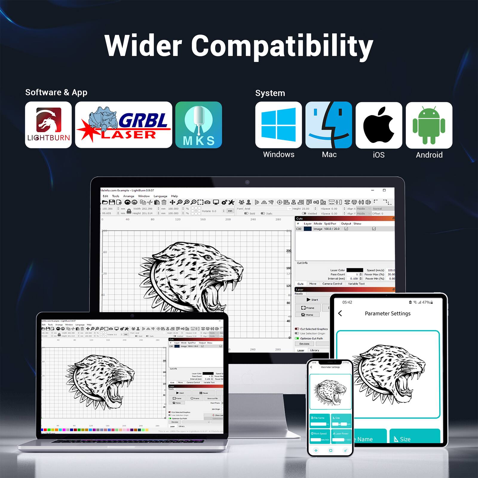 Wider Compatibility Software & App System LIGHTBURN GRBL LASER MKS Windows Mac iOS Android Slecom nampr Lggotu sar ... Bul Amango - Langunge may - i - D - d - - -  MS d - + - - -. - - - - . - - - - DO - 4 - --  - - - .- . sg - L Layer - Samu  Shde -- image - ma 2  - u 5 a I -- - - AO - -  -  C+  - -  - | : - - - - - - - i T Soeal A 1 .. i oore + - - ~ .. s - - . - - ~ .. - - -- - - - LN  - - - - 05:42 a - - - Parameter Settings - - -o - atus - - -o - - - - - A 4P%4 - - - - I -- | - - - - -  - Name Size