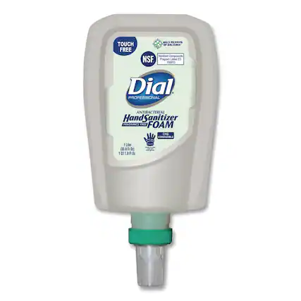 TOUCH FREE
NSF
Dial
PROFESSIONAL
ANTIBACTERIAL
Hand Sanitizer
FRAGRANCE FREE
FOAM
1 Liter (33.8 FL OZ)
KILLS 99.999% OF BACTERIA*
Nonfood Compounds NSF Program Listed E3 155013
CMG COMPATIBLE
1 of 1
8. F O: -