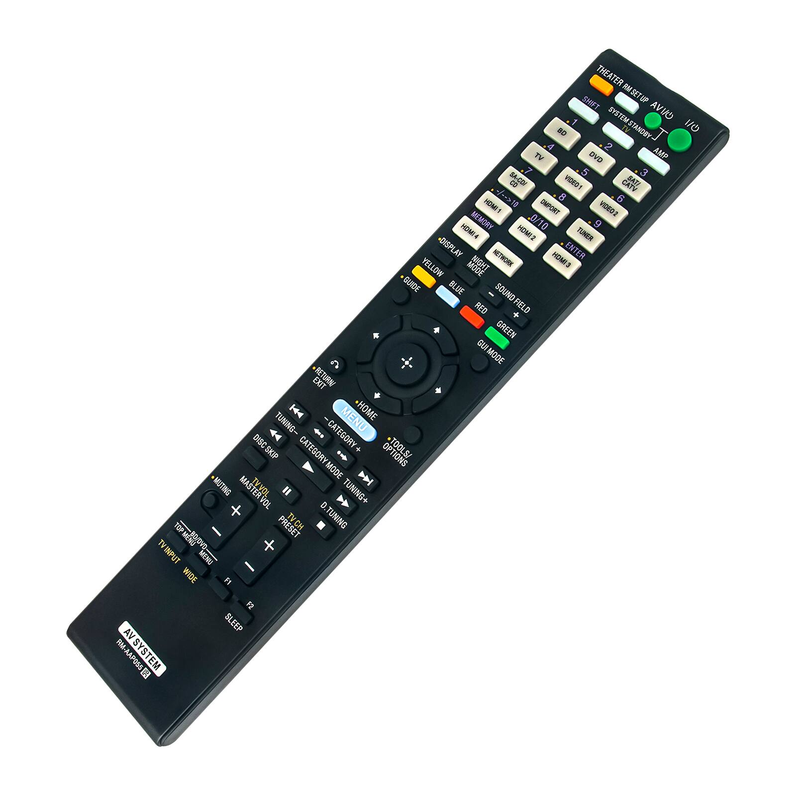 Sure, here is the corrected and grouped text from the image:

---

**Top Section:**
- THEATER RM SETUP
- THEATER SHIFT
- AM BETUP
- AVID 7 SYSTEMSTANDY
- 1/O NO TV
- 4 2 TV DVD AMP
- 7 5 3
- SA-CD HDED1
- CATV sAn -1 B
- 6 HOMI 1
- DMPORT HDED2
- HOME4 MEMORY 0/10
- 9 HOMI2
- TUNES
- DISPLAY
- NETWORK
- ENTER
- YELLOW
- MODE
- RIGHT
- EIMOH
- GURDE
- BLUE
- SOUND
- RED
- FIELD
- GREEN
- GUN
- GUIMODE
- EXIT
- RETURN
- H4
- MENU
- -HOME
- TUNING-
- CATEGORY
- DISC
- + SKIP
- CATEGORY
- I-
- JTOOLNS
- MODE
- +MUTNG
- MASTER
- TV VOL
- " TUNING+
- + VOL D
- PRESET
- TVCH