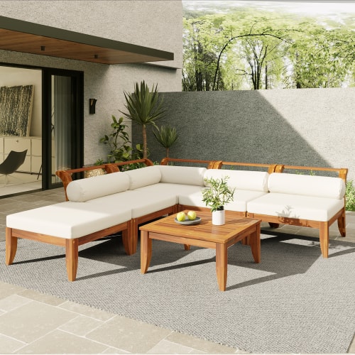 Siljoy - TOPMAX 6-Piece Acacia Wood Patio Set, L-Shaped Convertible Daybed Sofa with Table, Ottoman & Cushions, Teak+Beige - Teak+ Beige