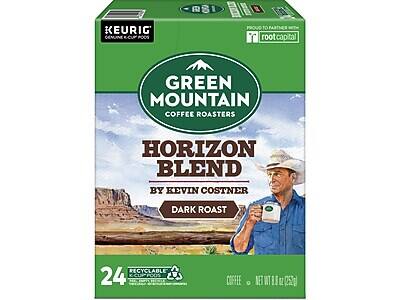 KEURIG GENUINE K-CUP PODS  
PROUD TO PARTNER WITH ROOT CAPITAL  
GREEN MOUNTAIN COFFEE ROASTERS  
HORIZON BLEND BY KEVIN COSTNER  
DARK ROAST  
24 K-CUP PODS  
RECYCLABLE  
COFFEE  
NET WT 18 OZ (252g)