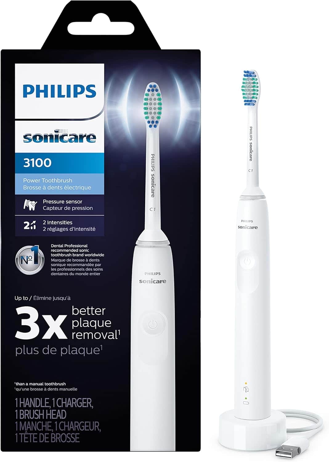 Philips - Sonicare 3100 Electric Toothbrush with Pressure Sensor, HX3681/03 - White