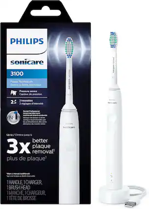 PHILIPS sonicare 3100 Power Toothbrush
Brosse à dents électrique
Pressure sensor
Capteur de pression
PHILIPS sonicare C1
PHILIPS sonicare C1
2 intensities
2 réglages d'intensité
PHILIPS sonicare
Dental Professional recommended sonic toothbrush brand worldwide
Marque de brosse à dents sonique recommandée par les professionnels des soins dentaires du monde entier
PHILIPS sonicare
Up to 3x plaque removal
Élimine jusqu'à 3x plus de plaque1
than a manual toothbrush
qu'une brosse à dents manuelle
1 HANDLE, 1 CHARGER, 1 BRUSH HEAD
1 MANCHE, 1 CHARGEUR, 1 TÊTE DE BROsse
