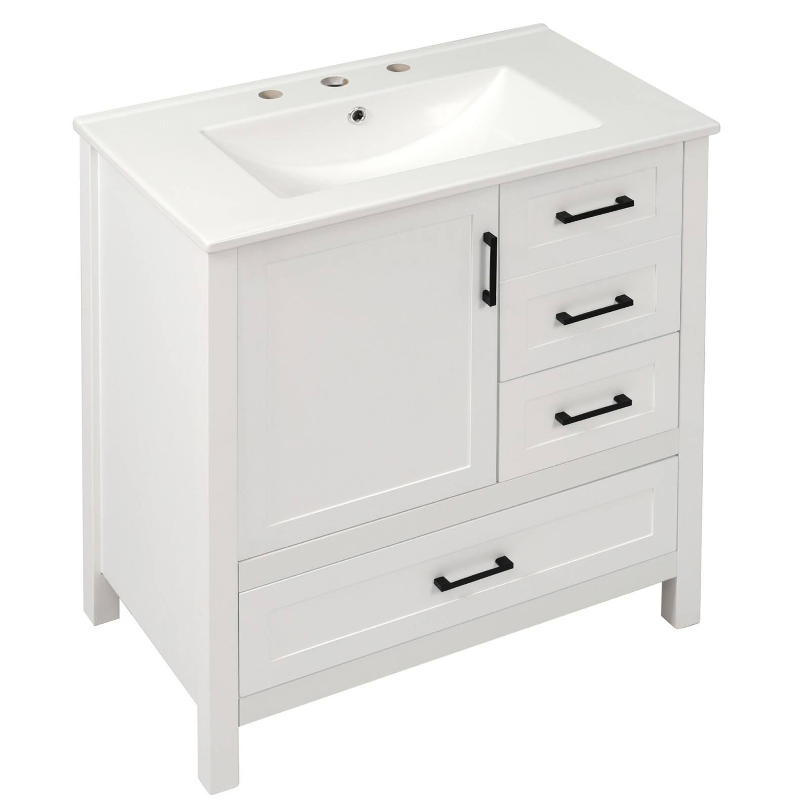 Front. Glintex - 30 Inch Modern Bathroom Vanity with Ceramic Sink, Drawer, Removable Tray, and Soft-Close Doors - White.