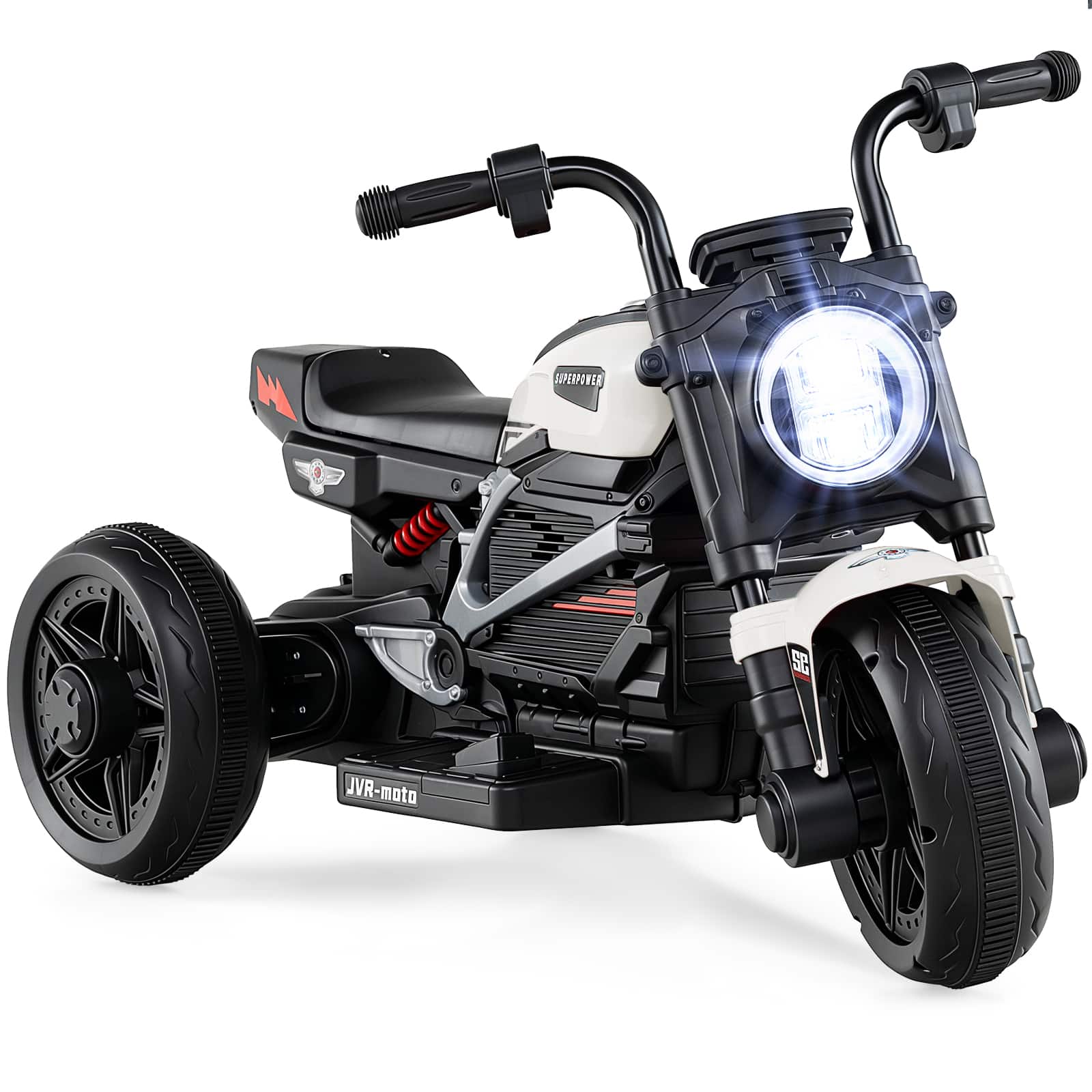 Costway - 6V Kids Motorcycle with Song,Story,LED Headlights,Accelerator Pedal&3 Wheels - White & Black