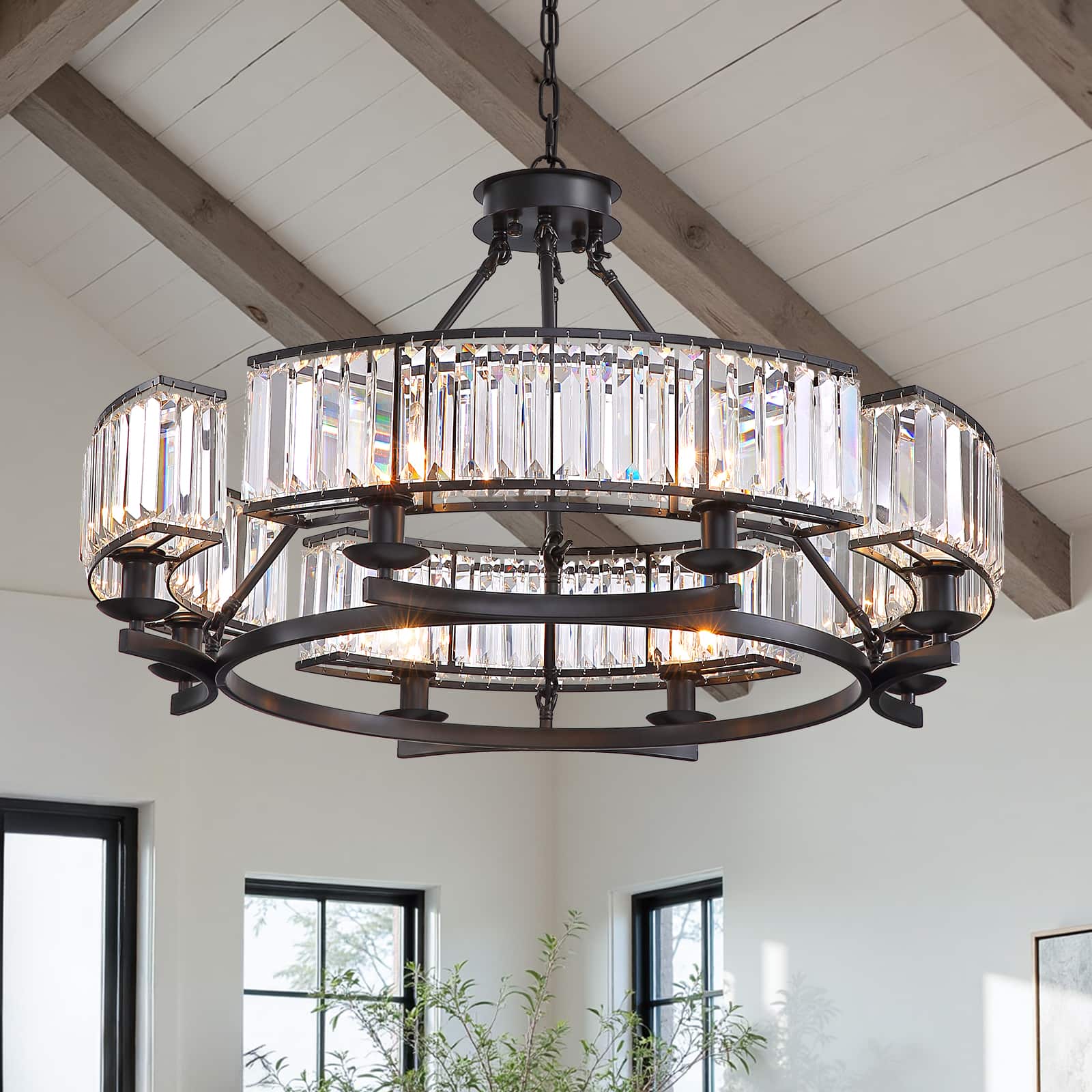 Siljoy - 31.5" 8-Light Farmhouse Round Crystal Chandelier, Adjustable Chain Pendant Light for Dining Room Kitchen Island - Black