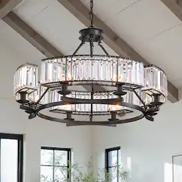 Siljoy - 31.5" 8-Light Farmhouse Round Crystal Chandelier, Adjustable Chain Pendant Light for Dining Room Kitchen Island - Black