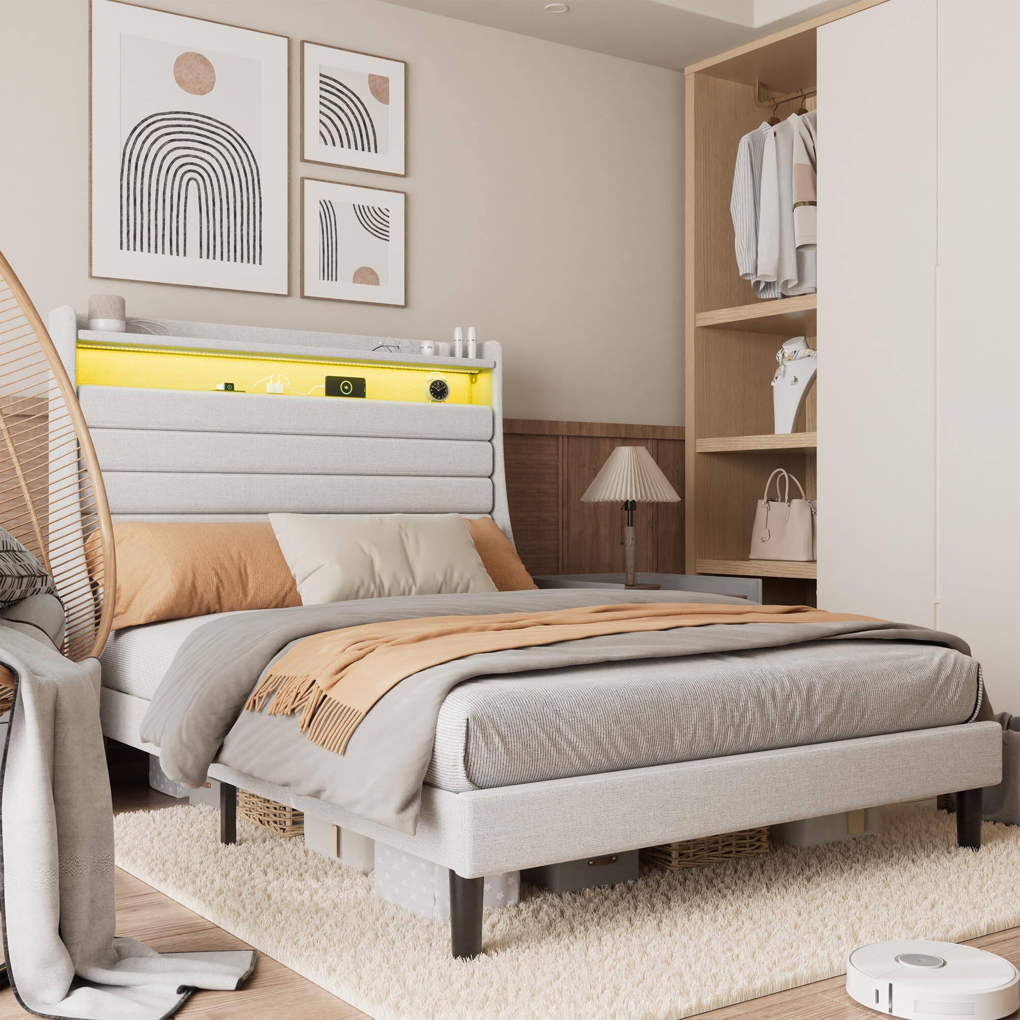 Acekool - Full Bed Frame with Charging Station, LED Lights & Upholstered Storage Headboard, No Box Spring Needed - Beige