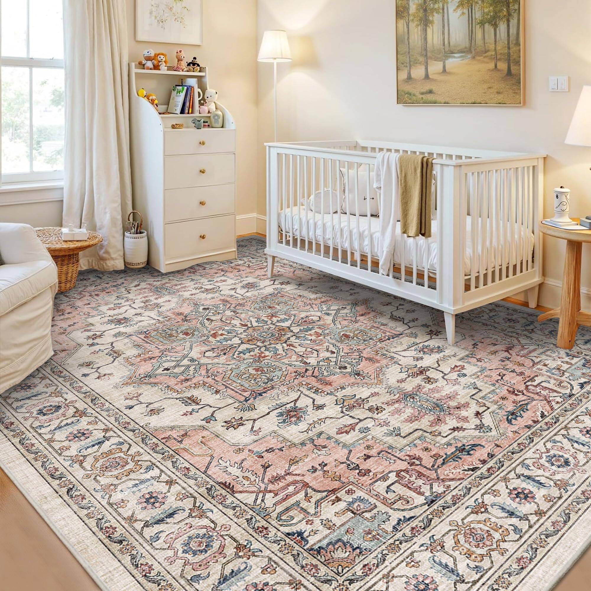 Back. PARKER SLATER - 5x7 Area Rugs Living Room Ultra Soft Washable Rug Vintage Distressed Boho Non Slip Retro Print Low Pile Stain Resistant - Orange/Gray.