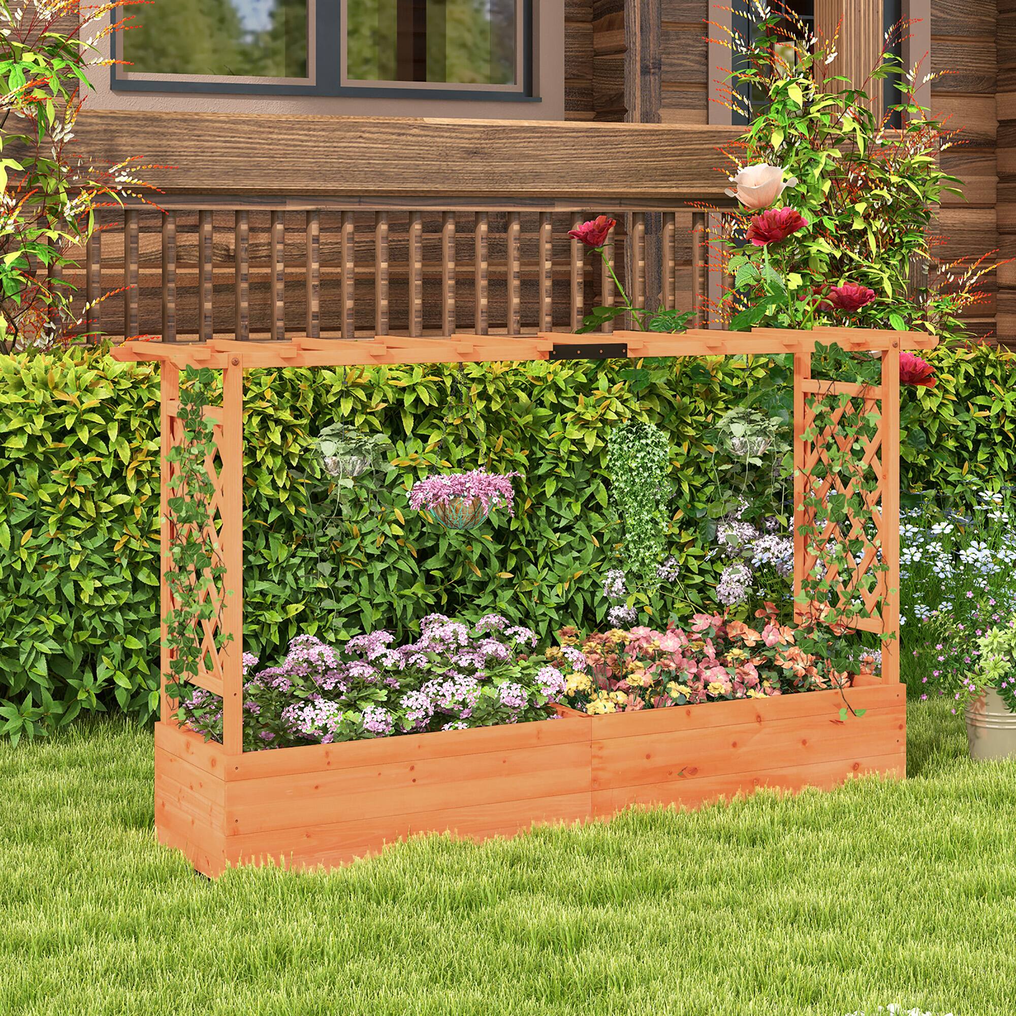 Alt View 1. Gymax - Gymax Raised Garden Bed w/ 2-Sided Trellis & Hanging Roof Fir Wood Planter Box w/ Drainage Holes - Orange.