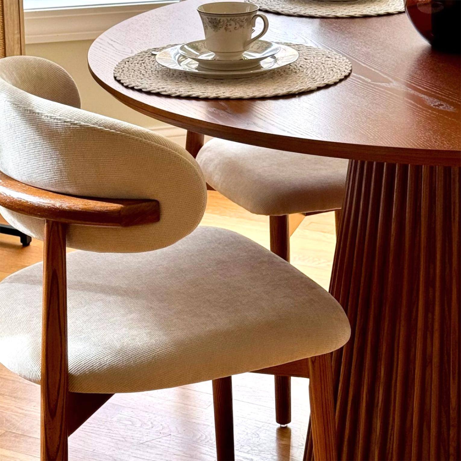 Back. POVISON - Mid-Century Modern Wood Dining Chairs Set of 2（Cotton Linen，Beige & Light  Walnut） - Beige & Light Walnut.