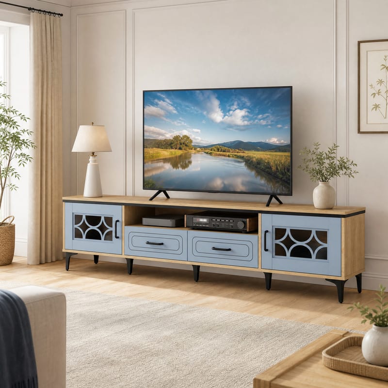 WELLFOR - Farmhouse Entertainment Center with 2 Drawers& 2 Doors, TV Stand for TVs up to 80 Inch for Living Room - Oak and Gray price history on PriceWatchPro